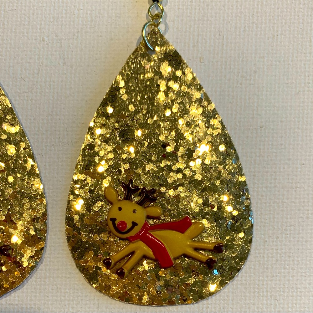 Christmas Gold glitter faux leather Reindeer earrings - Picture 3 of 7